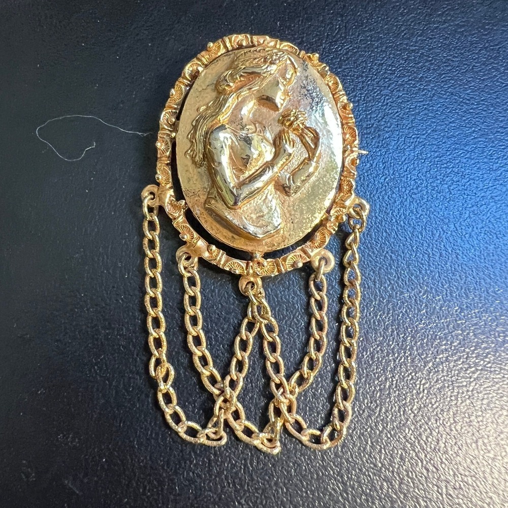 Vintage Oval Brooch Woman Smelling‎ Flowers Gold Tone Hanging Chains